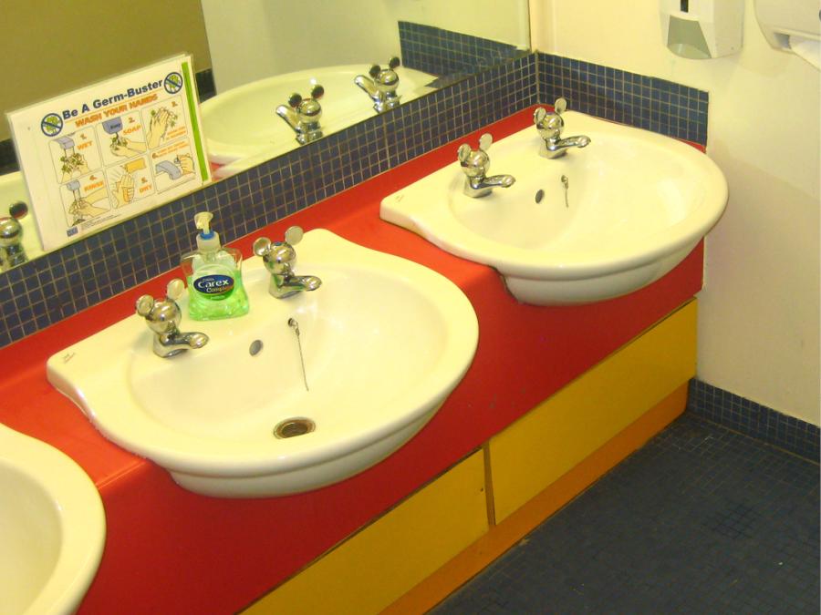 Children’s toilet with low level washbasins. Ballinderreen Community Childcare and Education, Ballinderreen, County Galway.