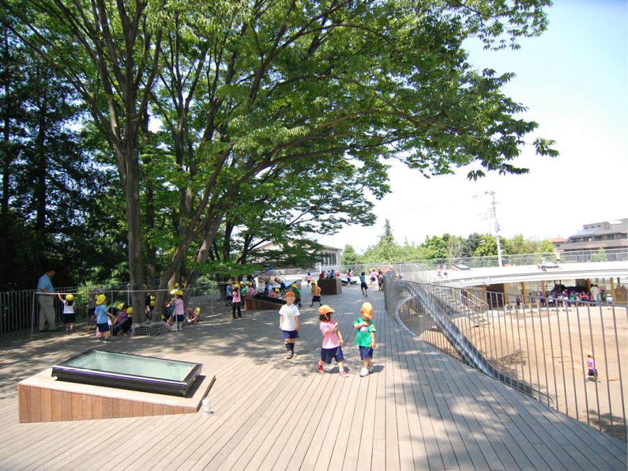 Roof terrace used as play area. Fuji Kindergarten, Tokyo, Japan