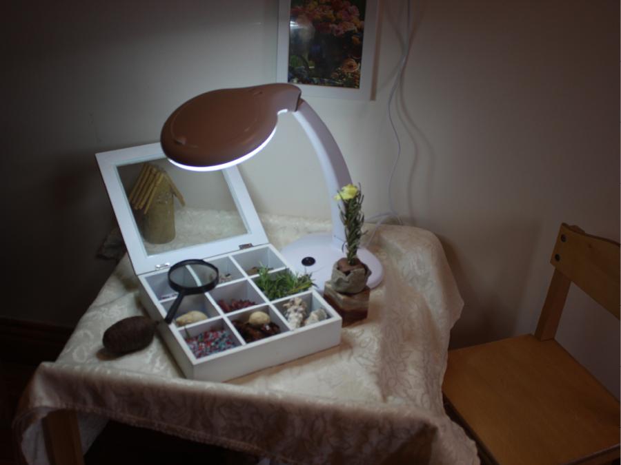 Desk light used to draw attention to box of interesting objects. Carraig Briste, Enniscorthy, County Wexford