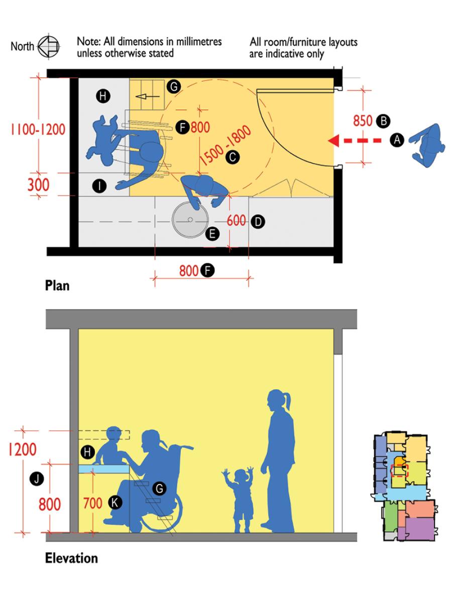 Technical Drawing: Indicative plan and section of nappy changing room.