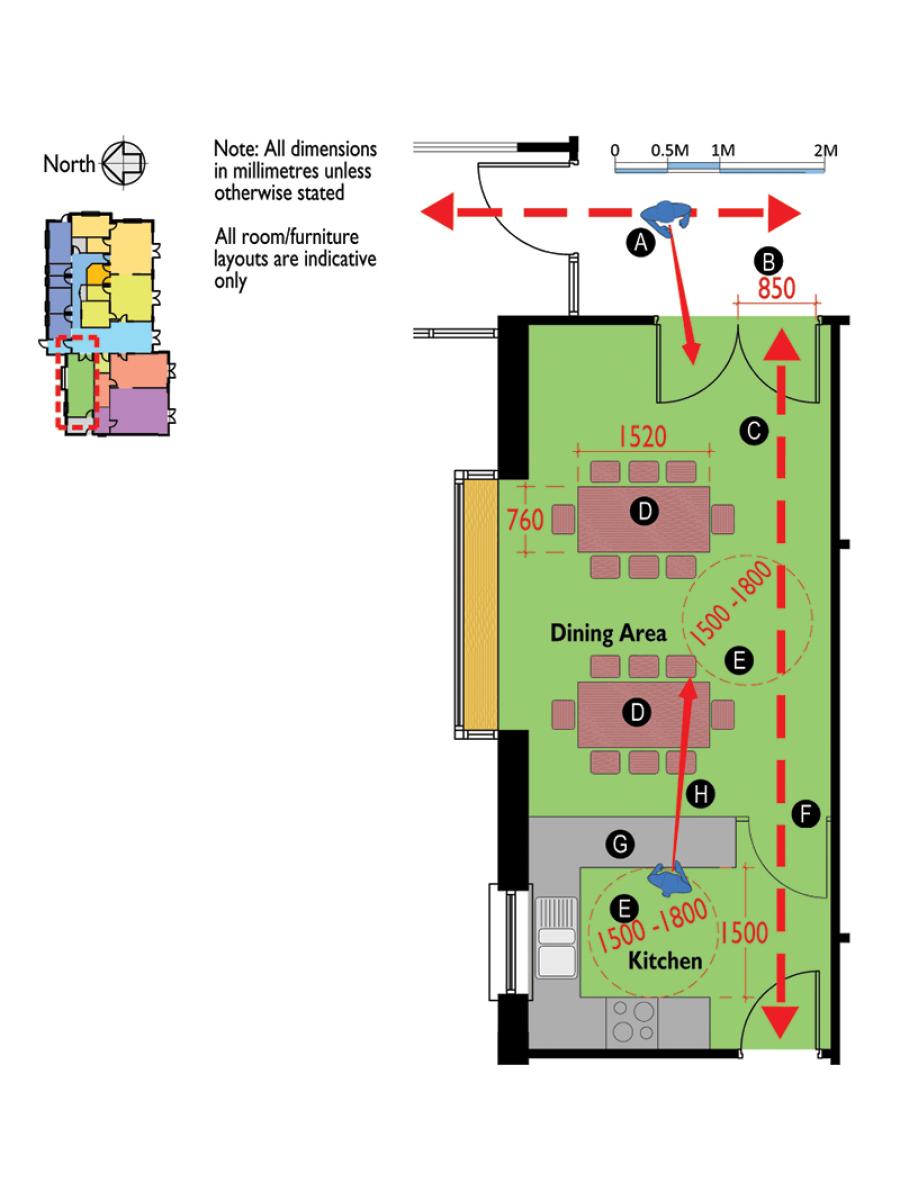 Indicative plan of shared dining area with integrated kitchen.