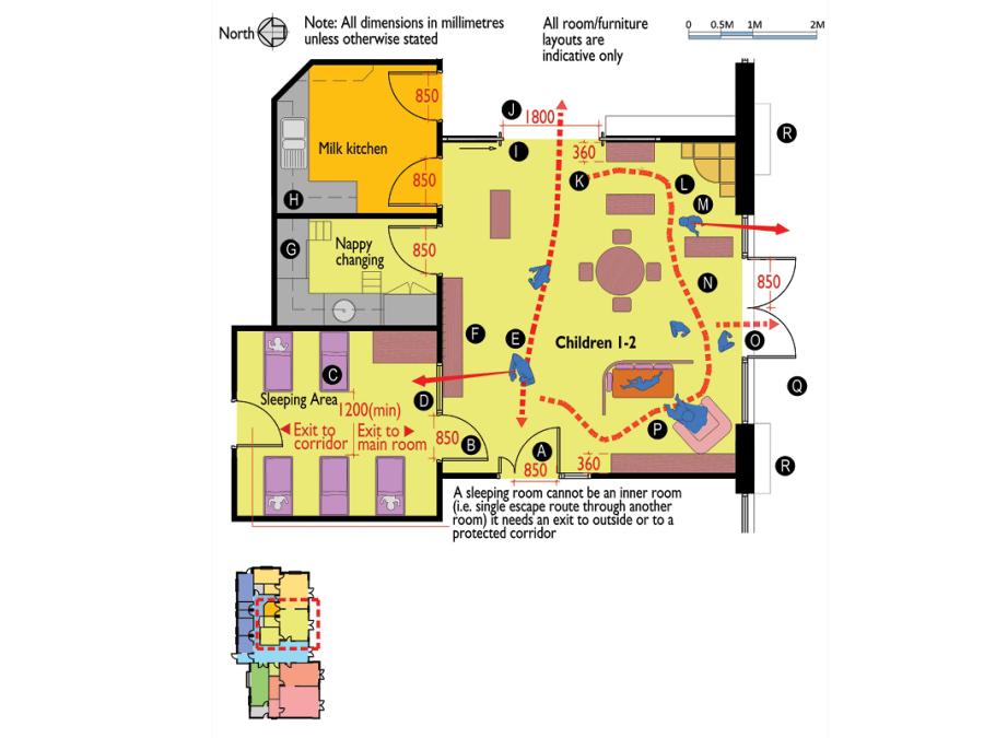 Technical sketch 6: Indicative plan of room for children aged between 1 and 2-years.
