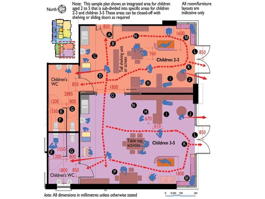 Technical sketch 7: Indicative plan of rooms for children aged between 2 and 5 years.