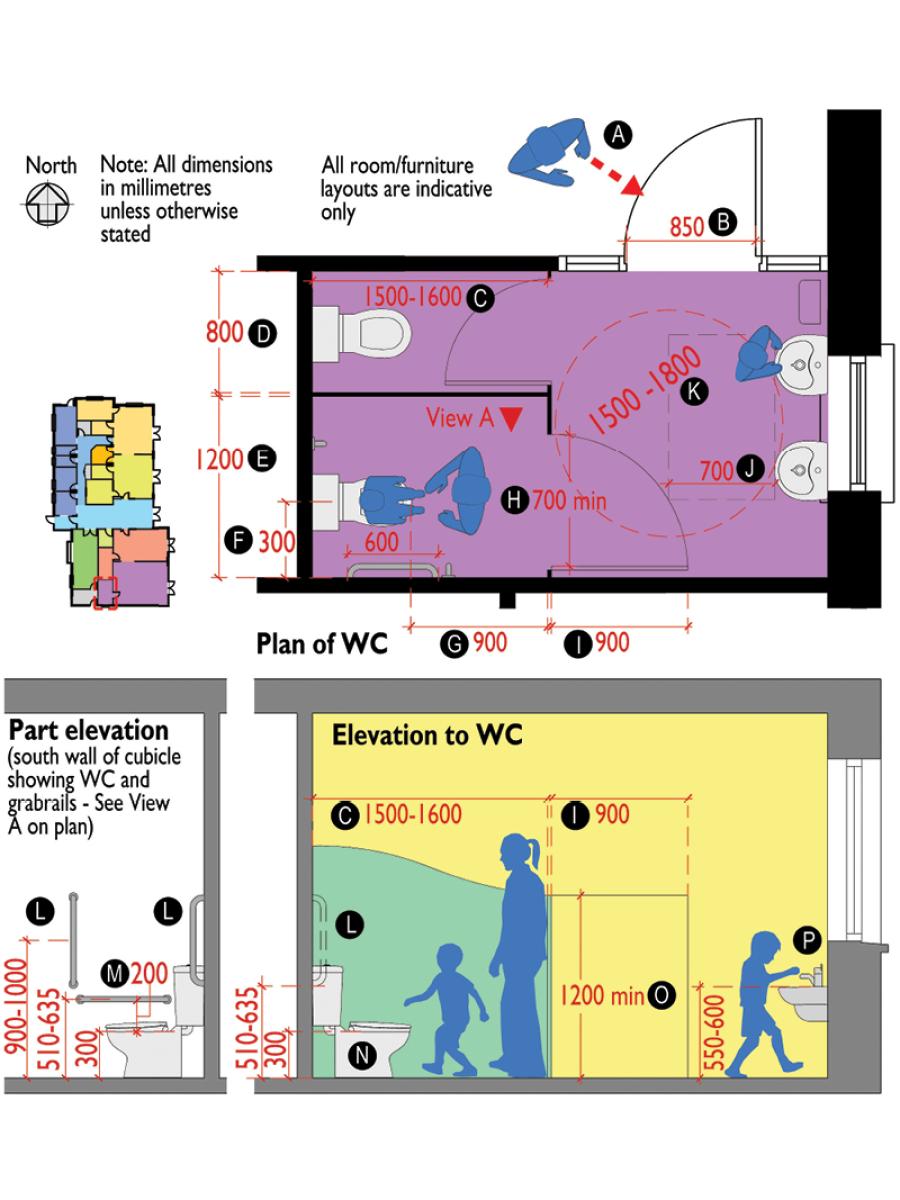 Indicative plan and section of WC for children aged between 3 and 5-years.